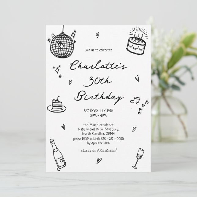 Invitación bola de disco Hand Drawn 30 cumpleaños (Anverso de pie)