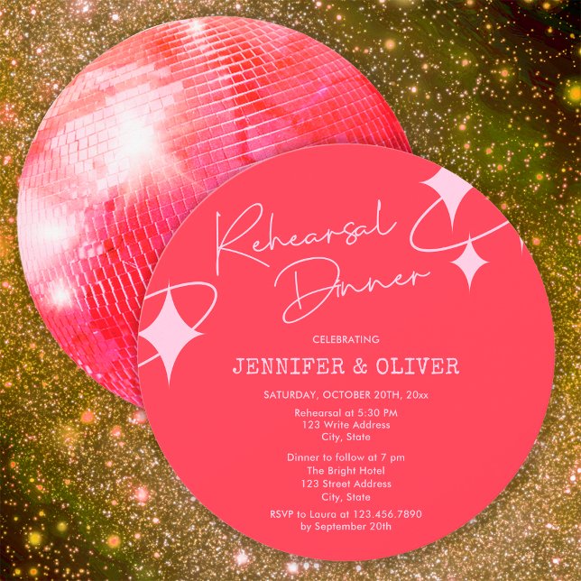 Invitación Bola de Disco Naranja Rosa Cena de Ensayo de Boda (Front and Back
)
