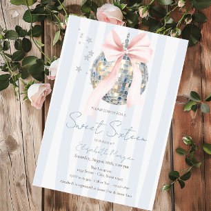Invitación Bola de Disco Retro Chic Lazo Azul Rayas Dulce 16