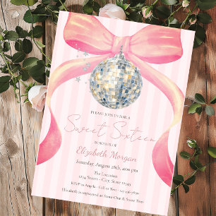 Invitación Bola de Disco Retro Chic Lazo Rosa Rayas Dulces 16