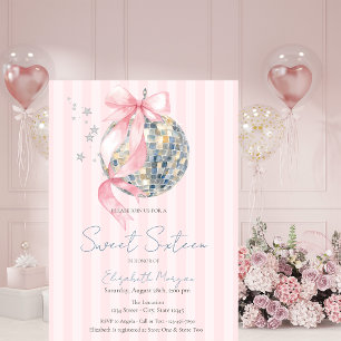 Invitación Bola de Disco Retro con Lazo Rosa Dulces 16