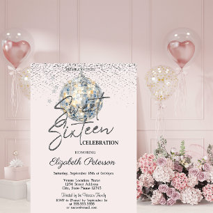 Invitación Bola de Disco Retro Luz Rosa Sweet 16