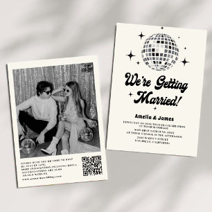 Invitación Bola de Disco Retro Negra y Blanca Código QR Boda