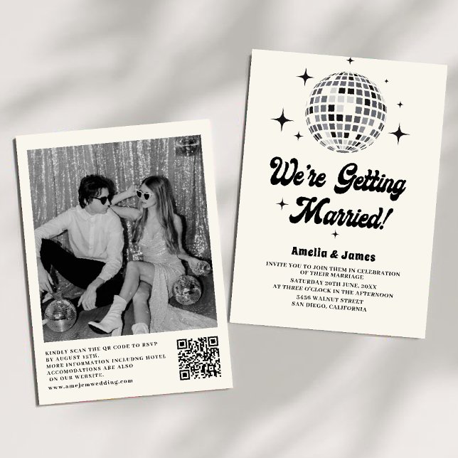 Invitación Bola de Disco Retro Negra y Blanca Código QR Boda (Subido por el creador)