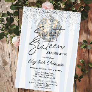 Invitación Bola de Disco Retro Rayas Azules Sweet 16