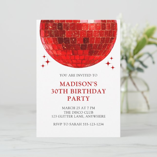 Invitación Bola de Disco Roja Fiesta de Disco Cumpleaños 30 (Anverso de pie)
