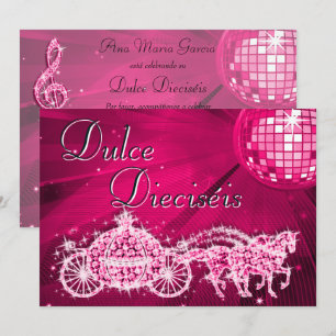 Invitación Bola de Disco Rosa, Princesa Carruaje y Caballos S