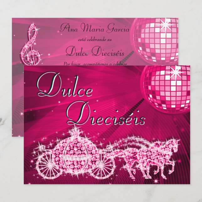 Invitación Bola de Disco Rosa, Princesa Carruaje y Caballos S (Anverso / Reverso)