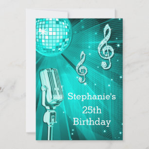 Invitación Bola de Disco Teal y Micrófono Retro 25 Cumpleaños
