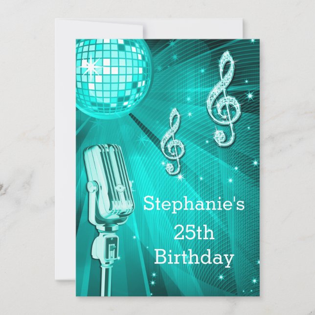 Invitación Bola de Disco Teal y Micrófono Retro 25 Cumpleaños (Anverso)