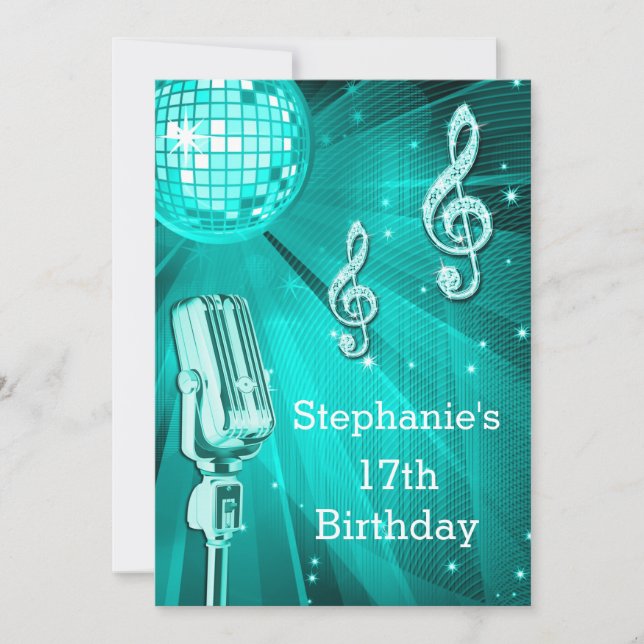 Invitación Bola de Disco Teal y Micrófono Retro Cumpleaños 17 (Anverso)