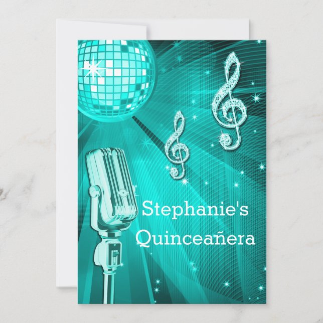 Invitación Bola de Disco Teal y Micrófono Retro Quinceañera (Anverso)