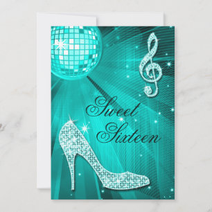 Invitación Bola de Disco y Tacones Brillantes Teal Sweet 16