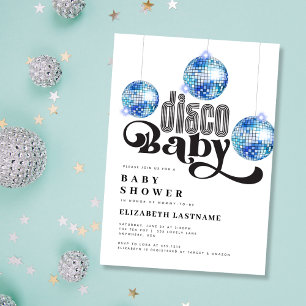 Invitación Bola de Discoteca Azul Fiesta Retro de Baby Shower