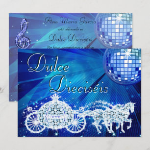 Invitación Bola de Discoteca Azul, Princesa Carruaje y Caball