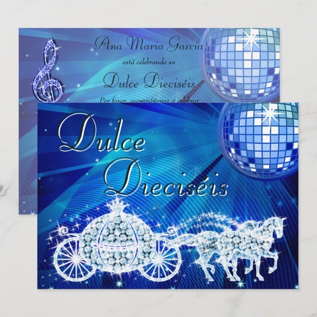 Invitación Bola de Discoteca Azul, Princesa Carruaje y Caball (Anverso / Reverso)
