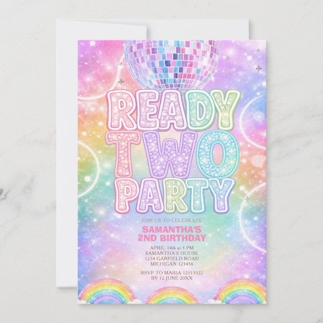 Invitación Bola de Discoteca Brillante Arcoíris Pastel Cumple (Anverso)