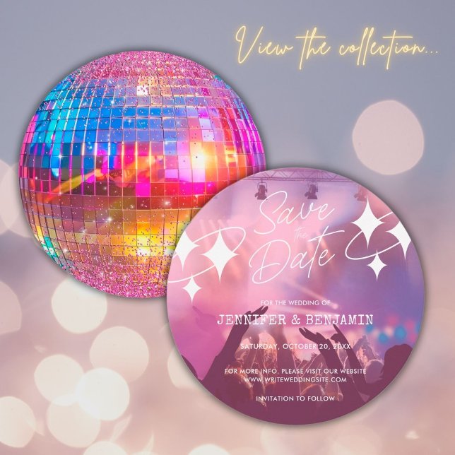 Invitación Bola de Discoteca Chic de Boda con Brillo Rosa Gua (Front/Back)