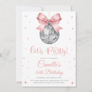 Invitación Bola de discoteca con lazo rosa cumpleaños niña