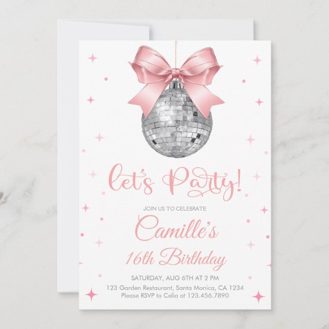 Invitación Bola de discoteca con lazo rosa cumpleaños niña  (Anverso)