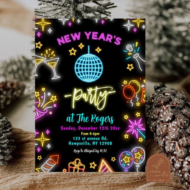 Invitación Bola de Discoteca de Neón Fiesta de Año Nuevo (Subido por el creador)