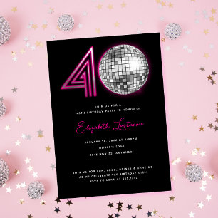 Invitación Bola de Discoteca de Neón Rosa Cumpleaños Cuarenta