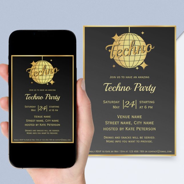 Invitación bola de discoteca de oro con tema de música tecno  (Subido por el creador)