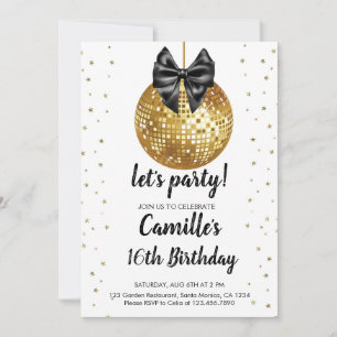 Invitación Bola de Discoteca de Oro Cumpleaños con lazo neg