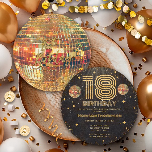 Invitación Bola de Discoteca de Oro Negro Cumpleaños 18 Fiest (Subido por el creador)