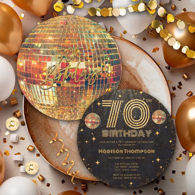 Invitación Bola de Discoteca de Oro Negro Cumpleaños Dorado 7 (Subido por el creador)