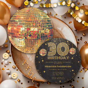 Invitación Bola de Discoteca de Oro Negro Cumpleaños Dorado F