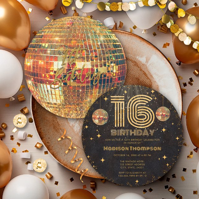 Invitación Bola de Discoteca de Oro Negro Cumpleaños Dorado F (Subido por el creador)
