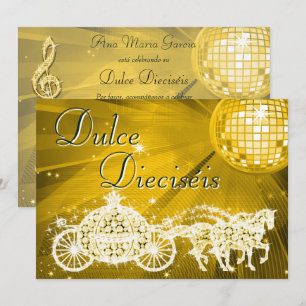 Invitación Bola de Discoteca de Oro, Princesa Carruaje y Caba