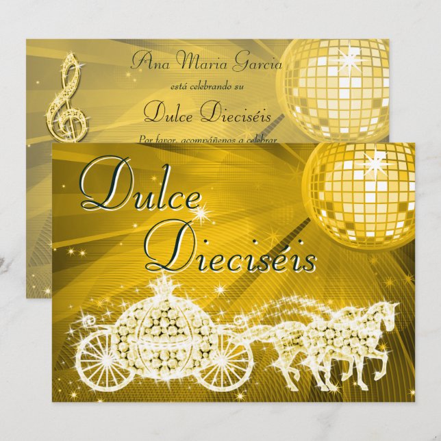 Invitación Bola de Discoteca de Oro, Princesa Carruaje y Caba (Anverso / Reverso)