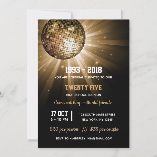 Invitación Bola de discoteca dorada (Anverso)