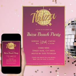 Invitación bola de discoteca dorada tema eivissa ibiza rosa f