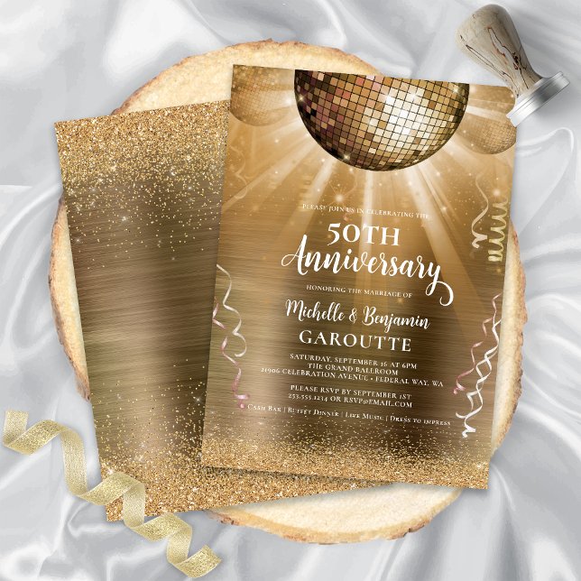 Invitación Bola de Discoteca Glam de Oro Aniversario de Bodas (Gold Glam Disco Ball 50th Wedding Anniversary Invitation)