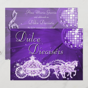 Invitación Bola de Discoteca Lila, Princesa Carruaje y Caball