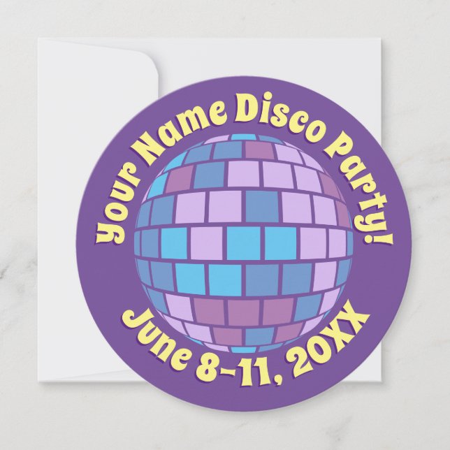 Invitación Bola de discoteca morada retro PERSONALIZADA (Anverso)