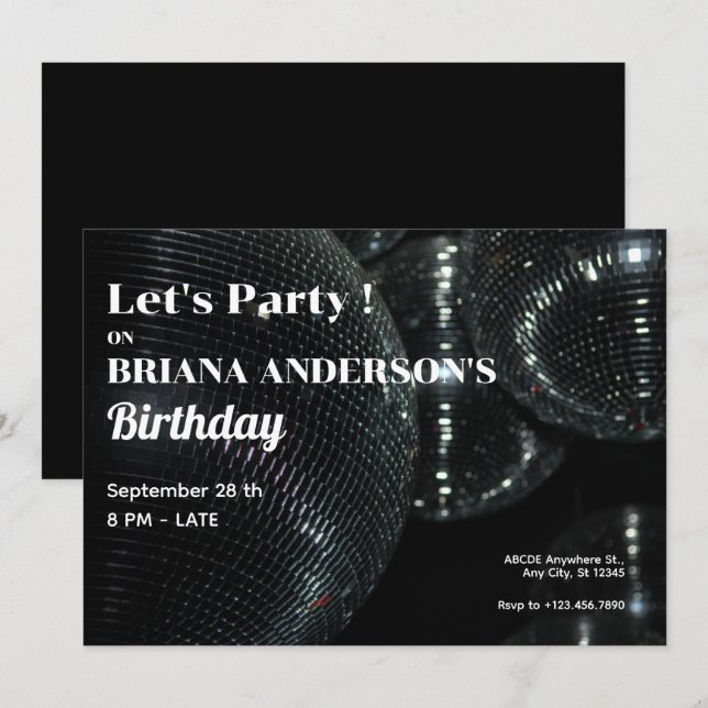 Invitación Bola de discoteca negra (Anverso / Reverso)