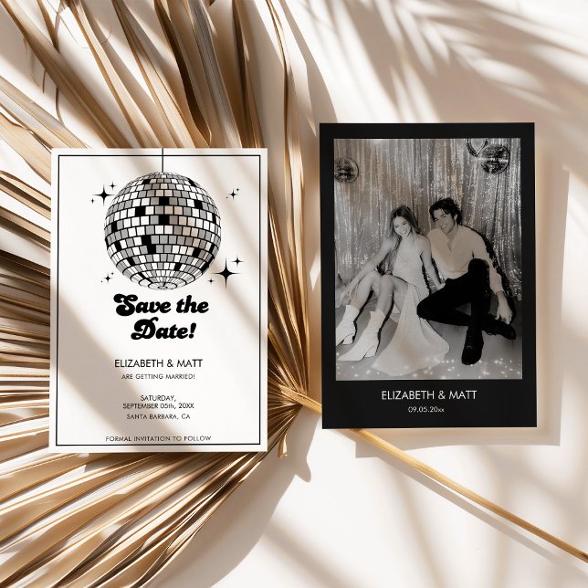 Invitación Bola de Discoteca Retro Guardar Fecha Negro Blanco (disco ball save the date, retro wedding invitation, black and white wedding, modern retro wedding, s)
