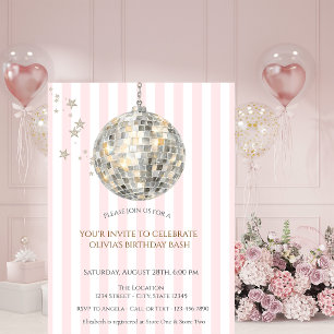 Invitación Bola de Discoteca Retro Rayas Rosas Cumpleaños 