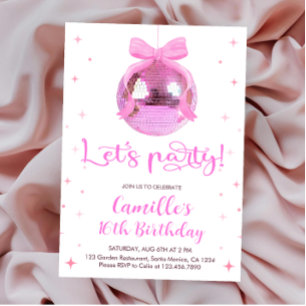 Invitación Bola de discoteca rosa Cumpleaños con lazo rosa