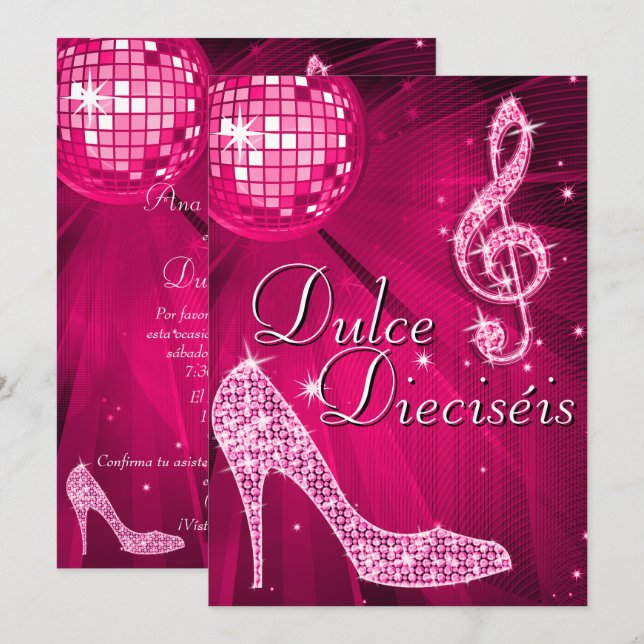 Invitación Bola de discoteca rosa español & tacones con brill (Anverso / Reverso)