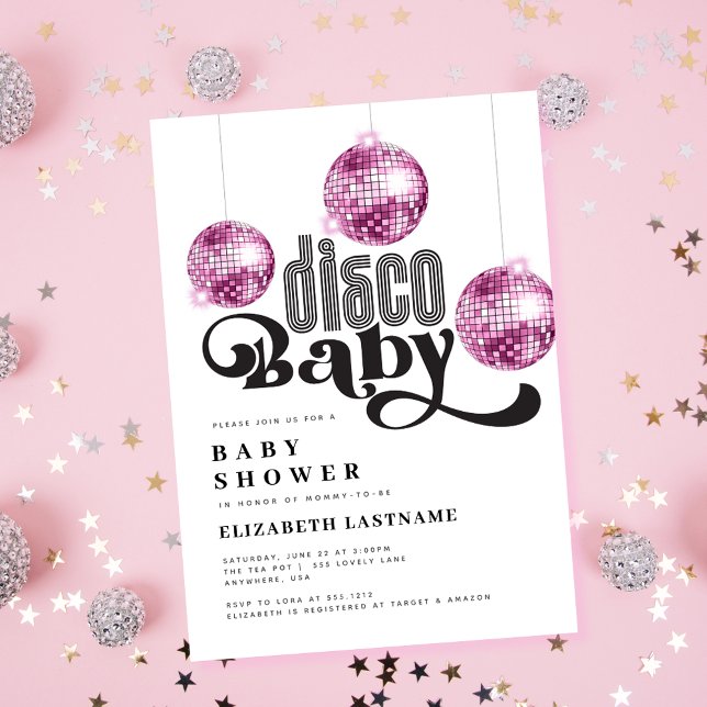 Invitación Bola de discoteca rosa Fiesta de bebé retro de dis (Subido por el creador)