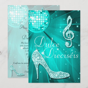 Invitación Bola de discoteca teal española y tacones con bril