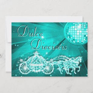 Invitación Bola de Discoteca Teal, Princesa Carruaje y Caball
