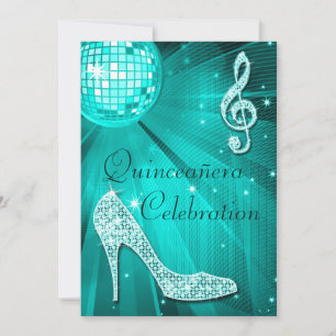 Invitación Bola de Discoteca Teal y Tacones con Brillo Quince