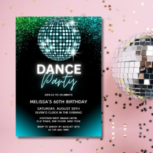 Invitación Bola de Discoteca Turquesa Glitter Fiesta de Cumpl