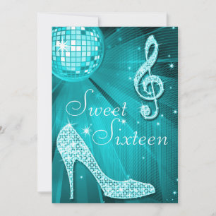 Invitación Bola de Discoteca Turquesa y Tacones con Brillo Sw